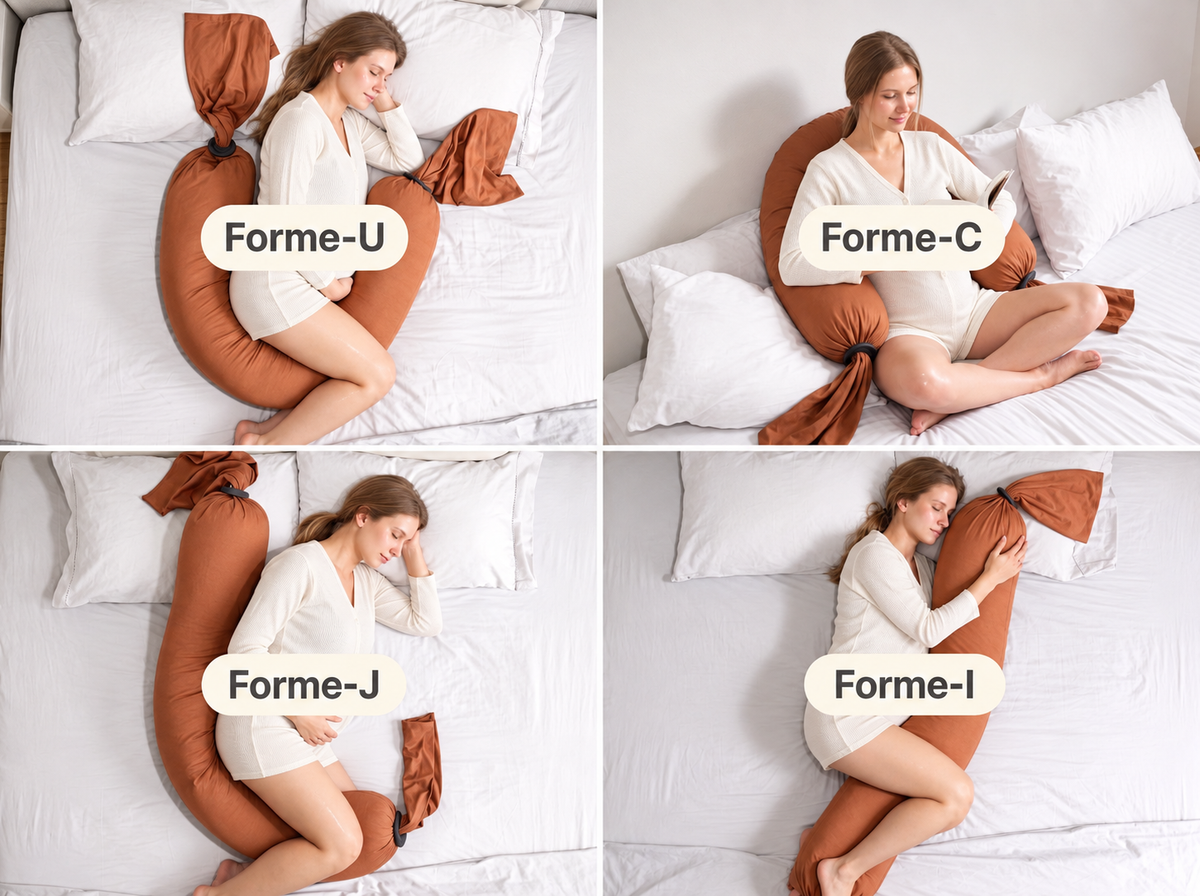 Quatre positions d'utilisation du coussin de grossesse et d'allaitement marron