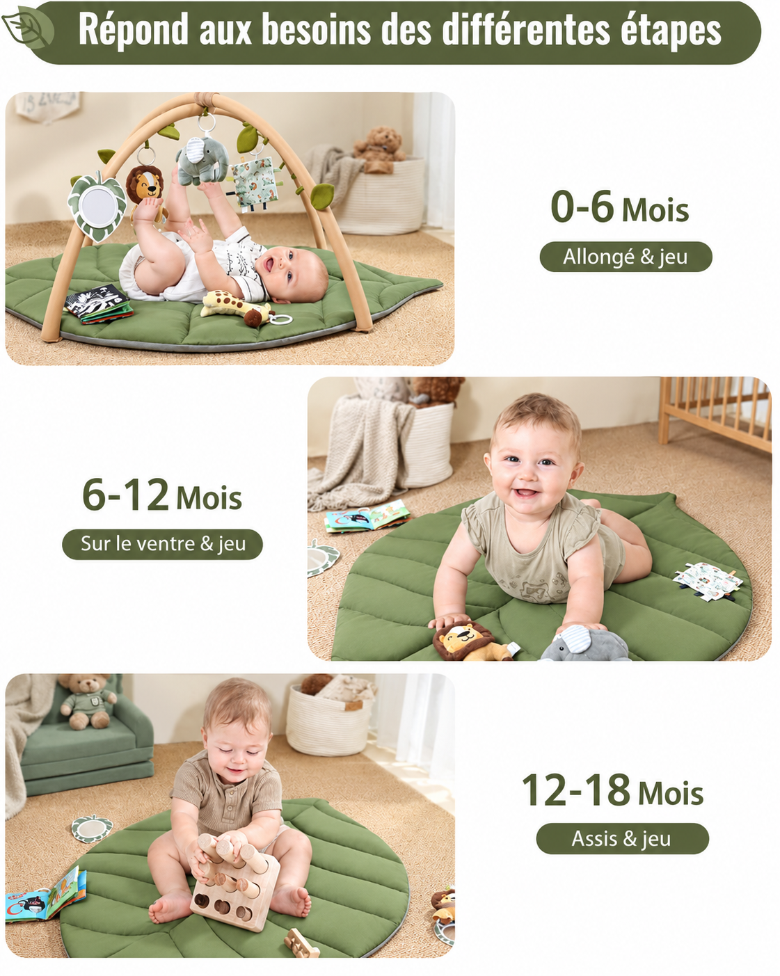 Tapis d'éveil évolutif adapté aux étapes d'éveil de bébé de 0 à 18 mois