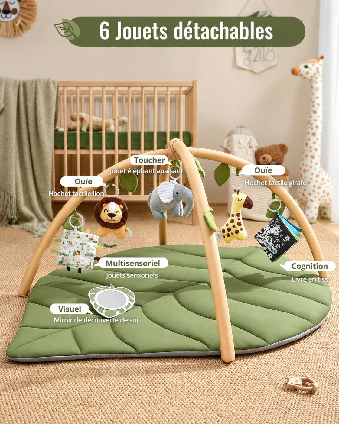 Arche d'éveil en bois avec 6 jouets détachables sur tapis vert