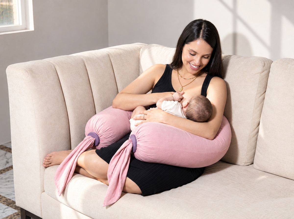 Maman allaitant son bébé sur un canapé avec un coussin d'allaitement rose