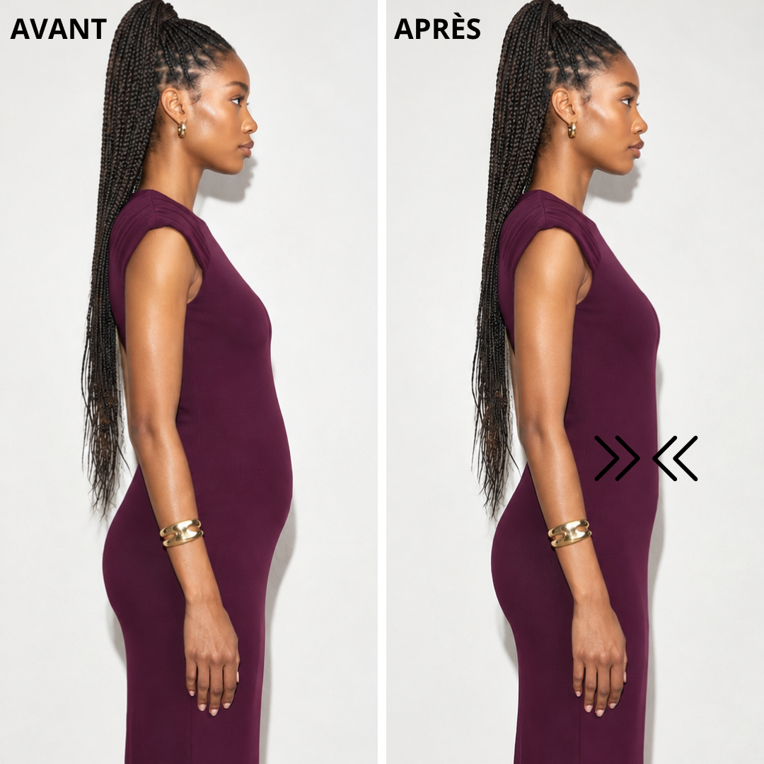 Avant et après culotte gainante : ventre plat et silhouette affinée sous une robe moulante