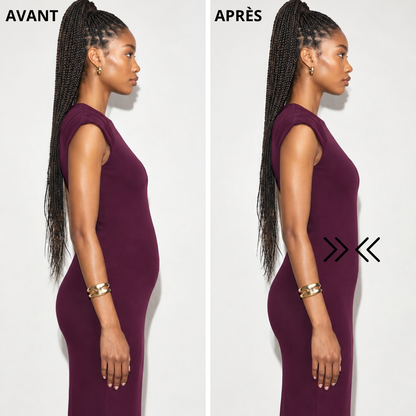 Avant et après culotte gainante : ventre plat et silhouette affinée sous une robe moulante