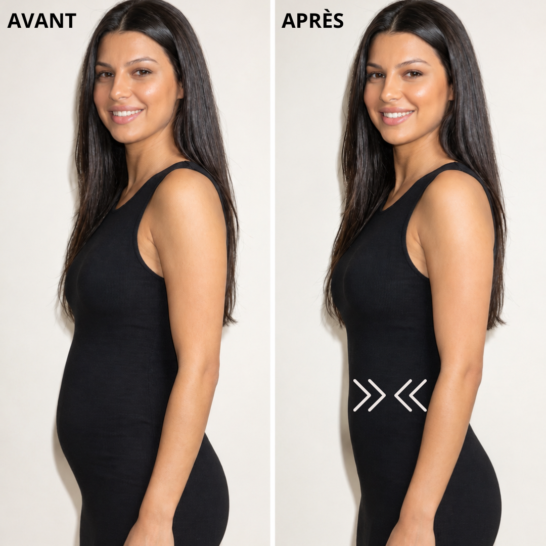 Avant et après culotte gainante noire : ventre plat sous une robe noire ajustée