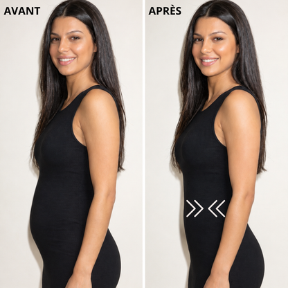 Avant et après culotte gainante noire : ventre plat sous une robe noire ajustée