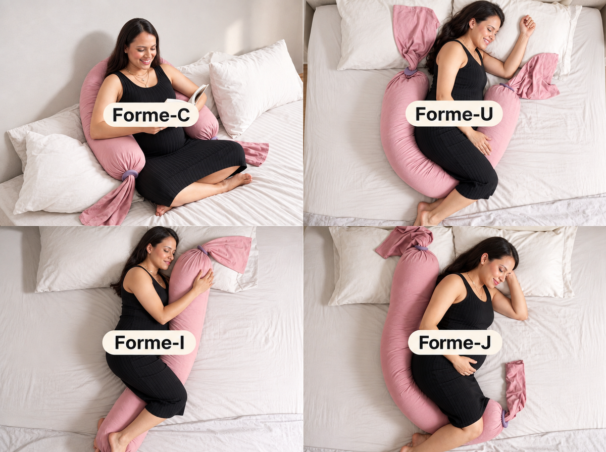 Quatre positions d'utilisation du coussin de grossesse et d'allaitement rose