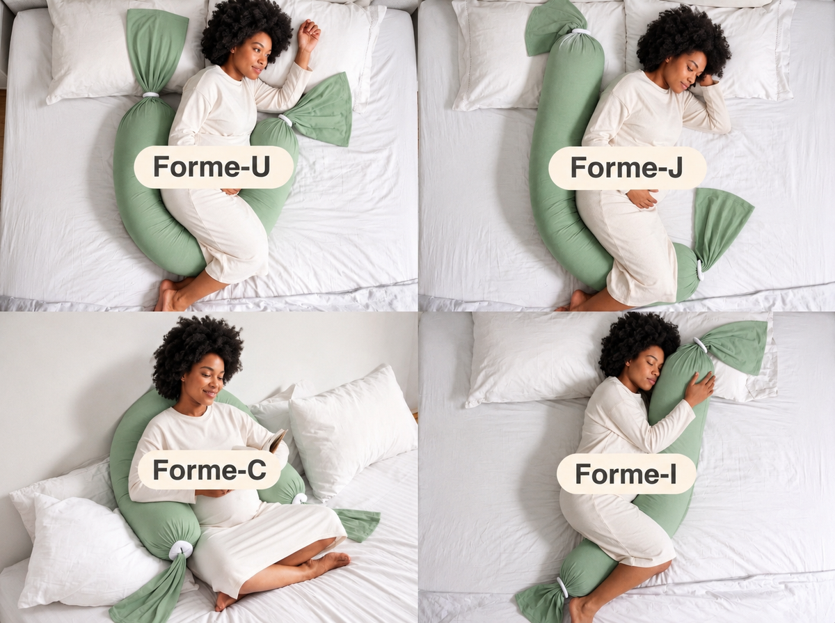 Quatre positions d'utilisation du coussin de grossesse et d'allaitement vert