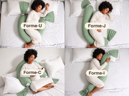 Quatre positions d'utilisation du coussin de grossesse et d'allaitement vert