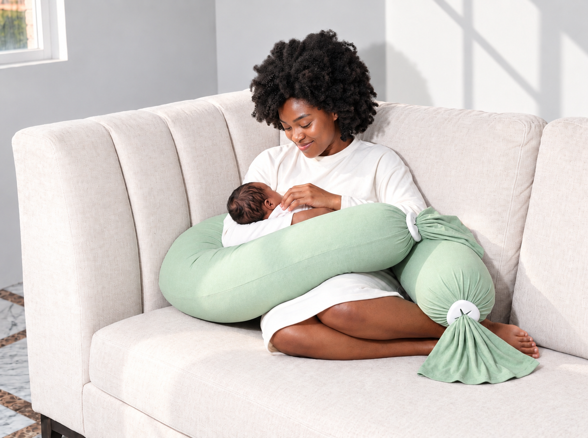 Maman allaitant son bébé sur un canapé avec un coussin d'allaitement vert