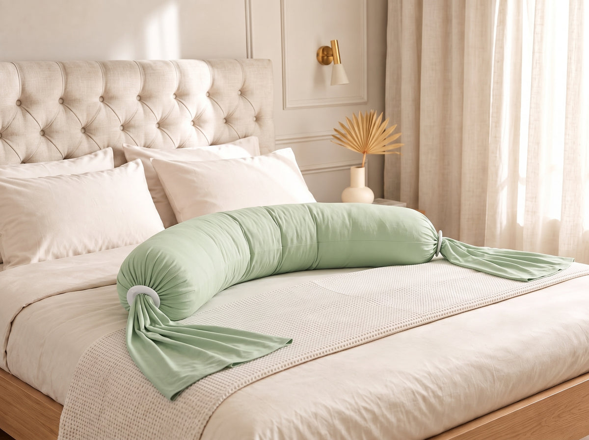Coussin de grossesse et d'allaitement vert posé sur un lit