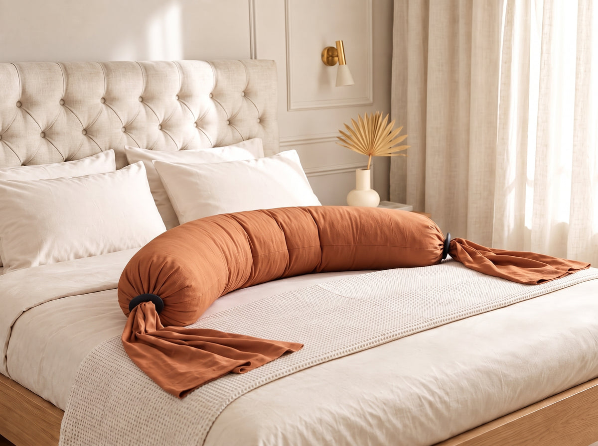 Coussin de grossesse et d'allaitement marron posé sur un lit